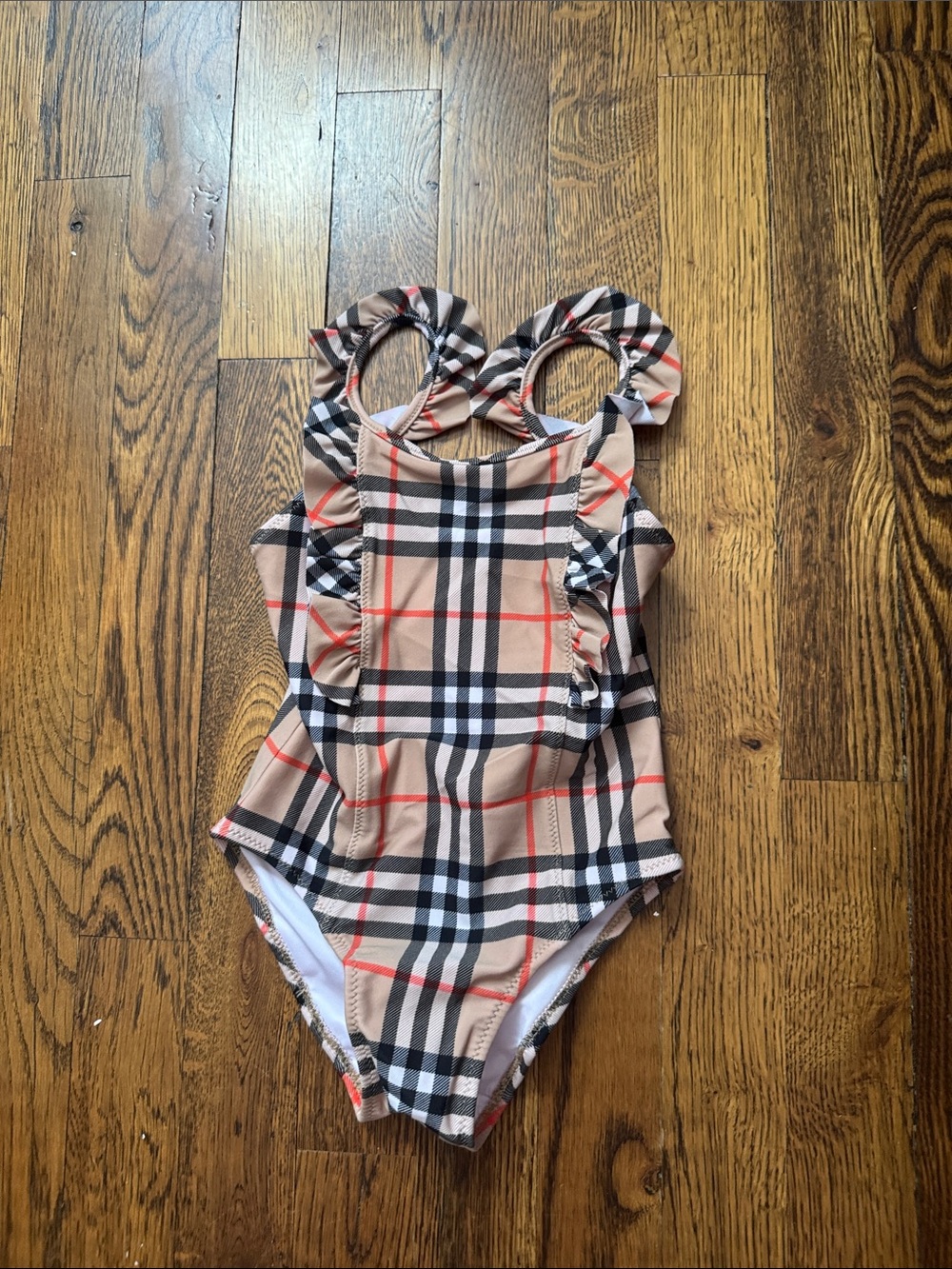 Burberry Girls Beige Black and Red Check One-Piece Swimsuit